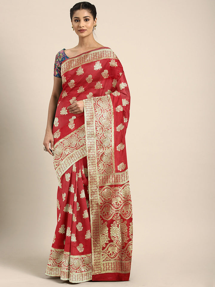 Neerus Red Textured Saree With Blouse