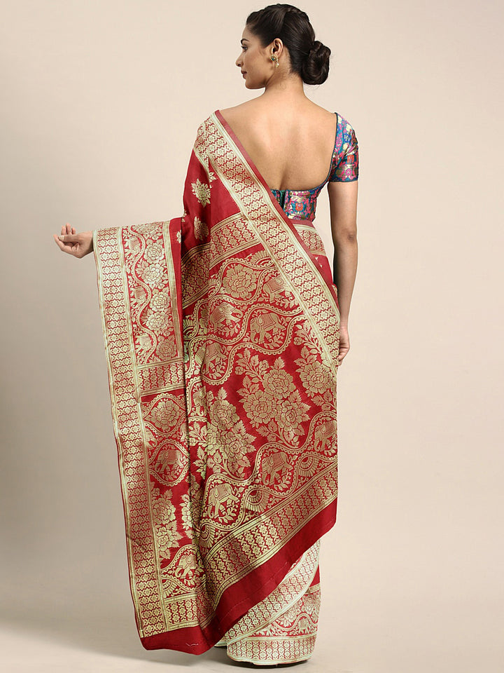 Neerus Red Textured Saree With Blouse