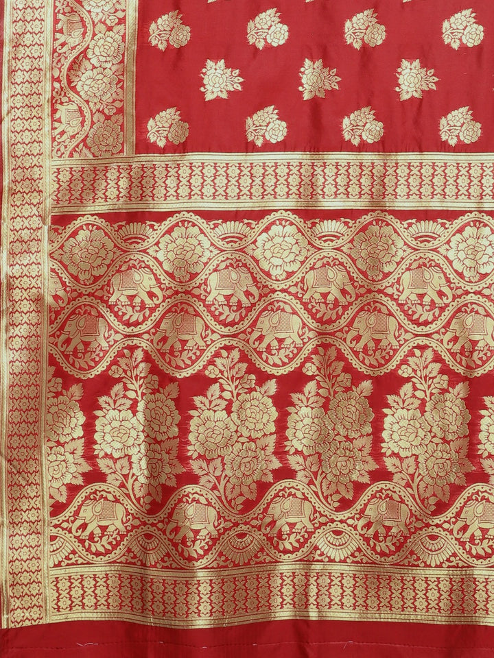 Neerus Red Textured Saree With Blouse