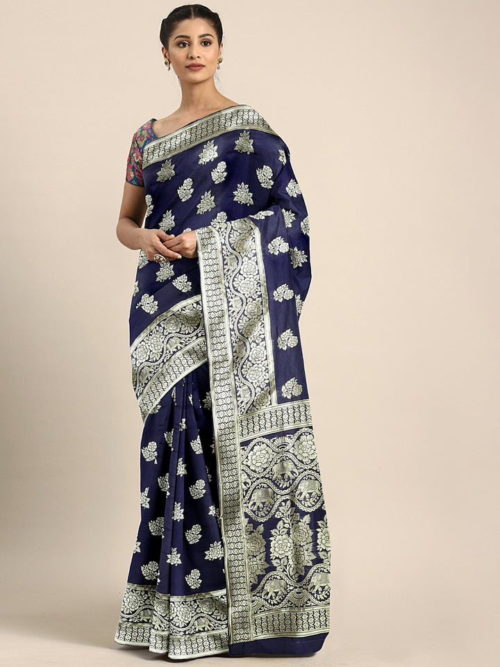 Neerus Blue Textured Saree With Blouse