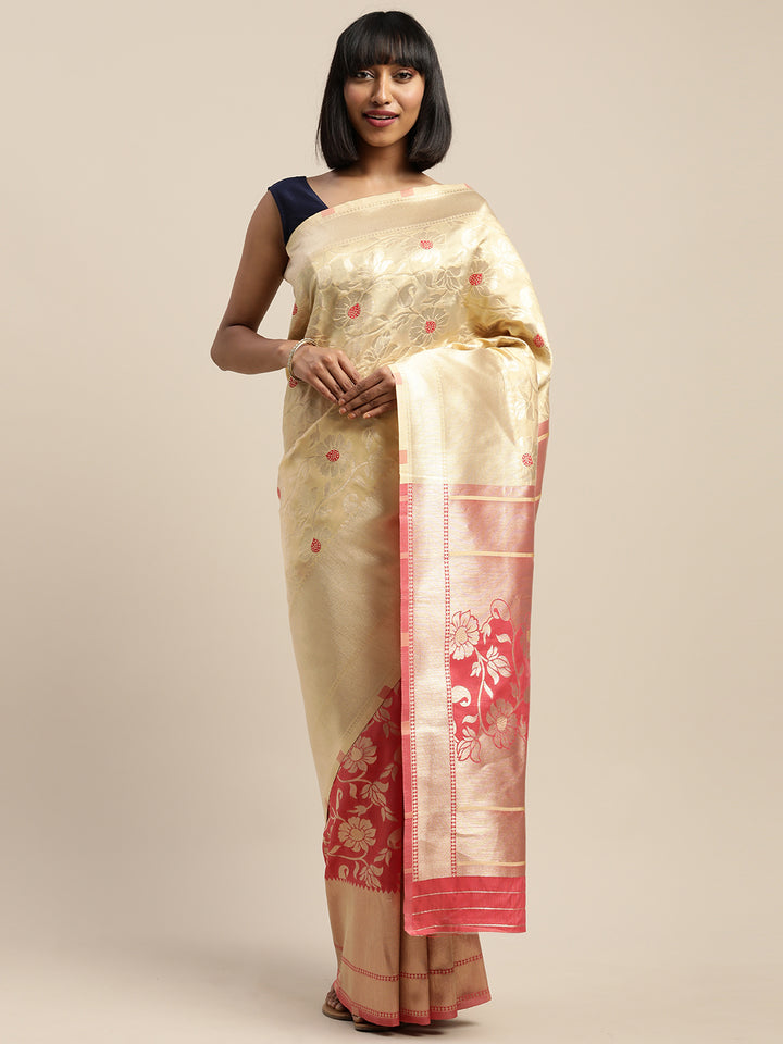 Neerus Yellow & Pink Textured Saree With Blouse