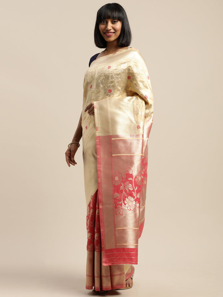 Neerus Yellow & Pink Textured Saree With Blouse