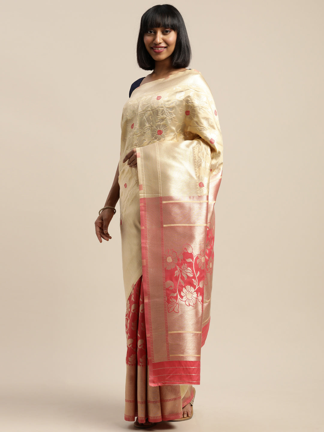 Neeru's Yellow & Pink Textured Saree With Blouse