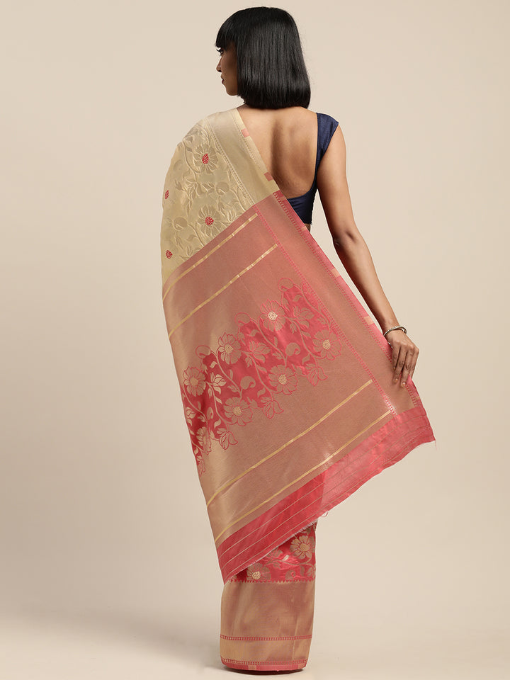 Neerus Yellow & Pink Textured Saree With Blouse