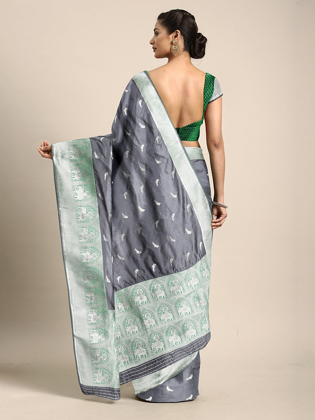 Neerus Grey Textured Saree With Blouse