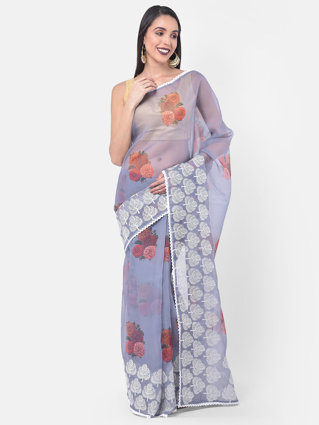Neerus Grey Organza Saree - front view