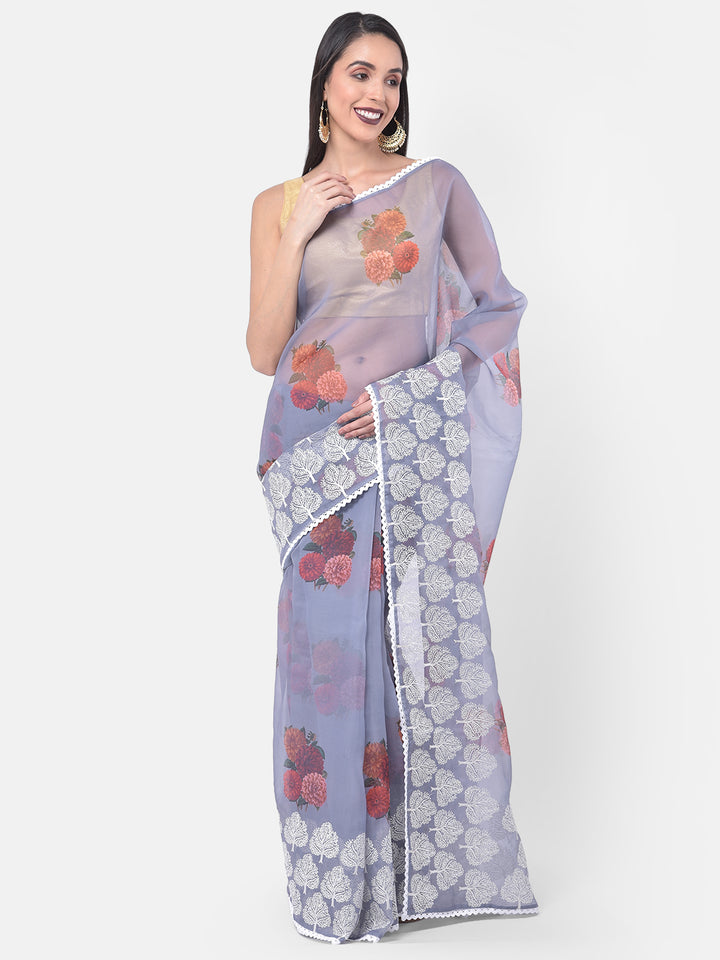 Neerus Grey Organza Saree - front view
