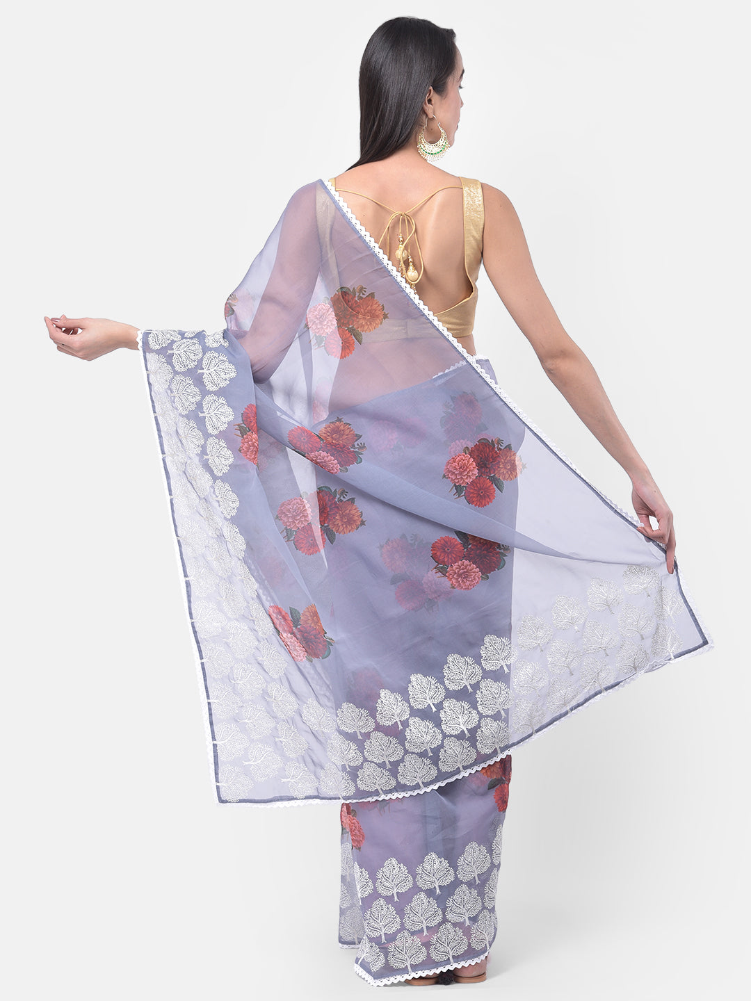 Neerus Grey Organza Saree - back view