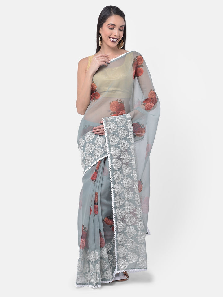 Neerus Green organza saree - front view
