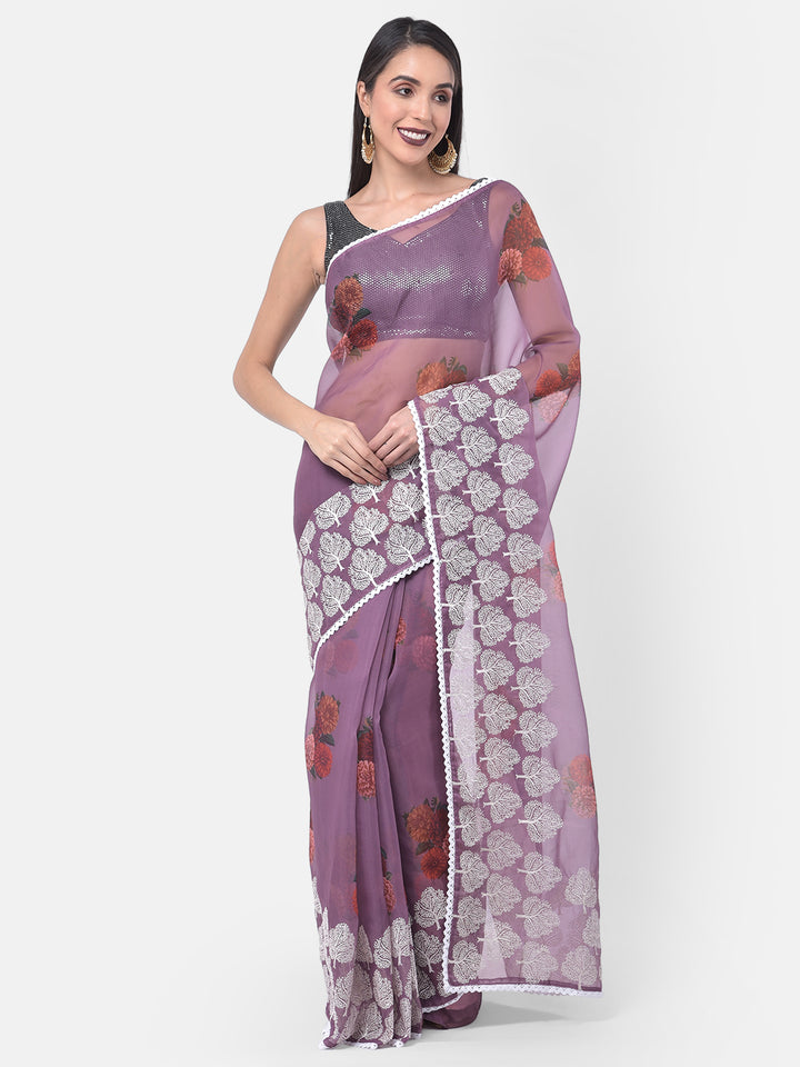 Neerus Onion Color Organza Fabric Saree
