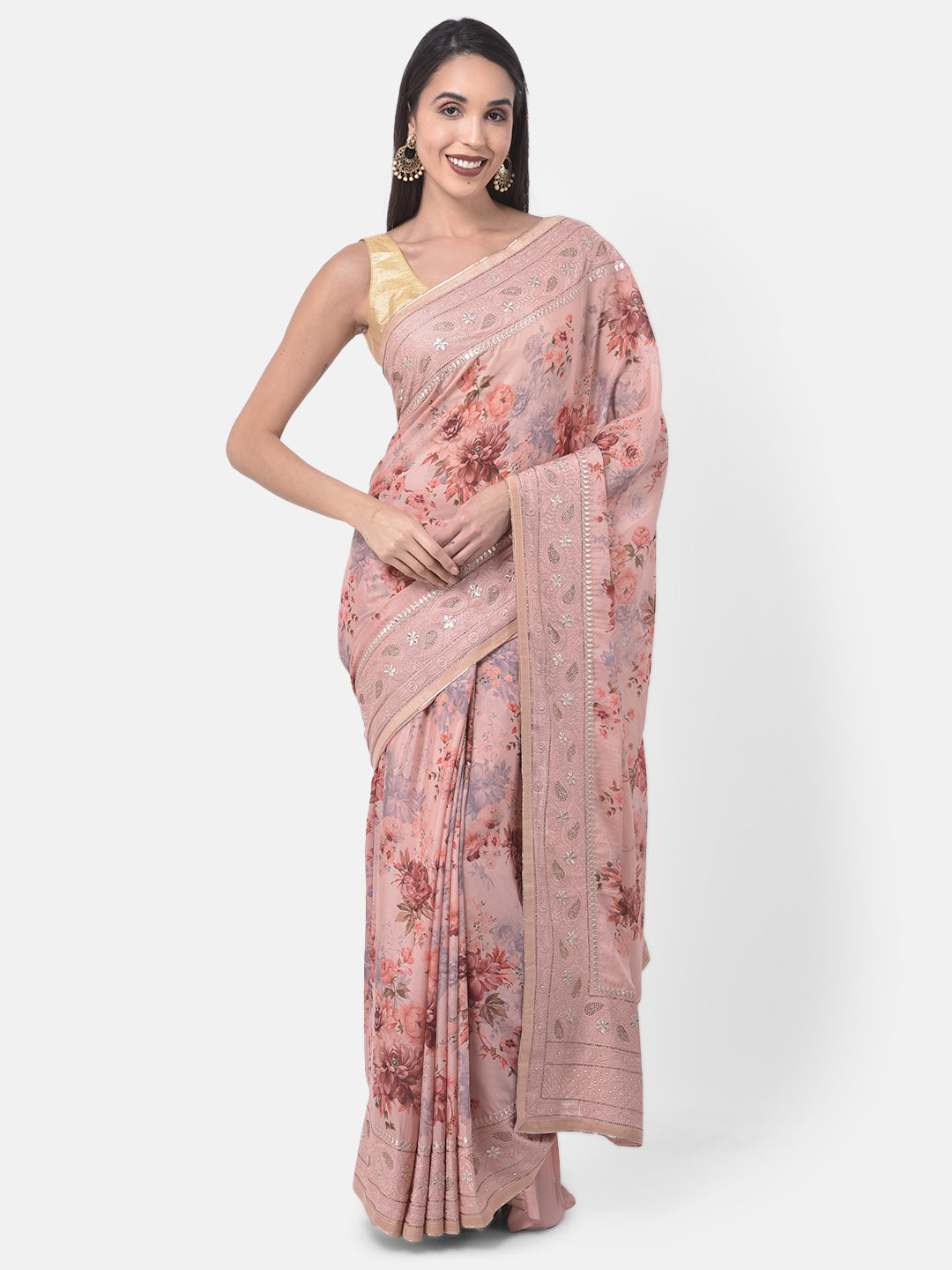 Neerus Orange crepe solid saree - front view