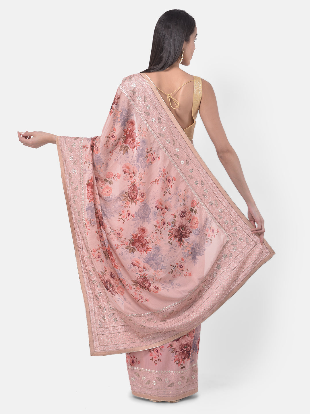 Neerus Orange crepe solid saree - back view