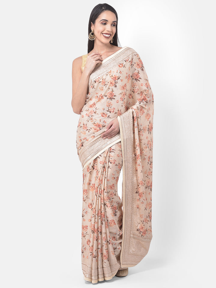 Neerus Beige Color Crepe Fabric Saree