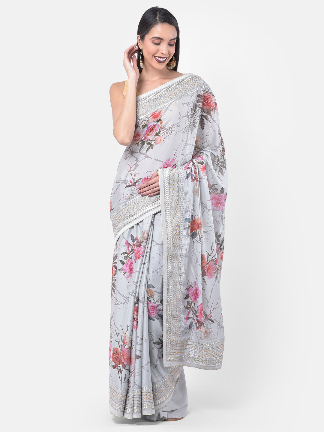 Neerus Grey Color Crepe Fabric Saree