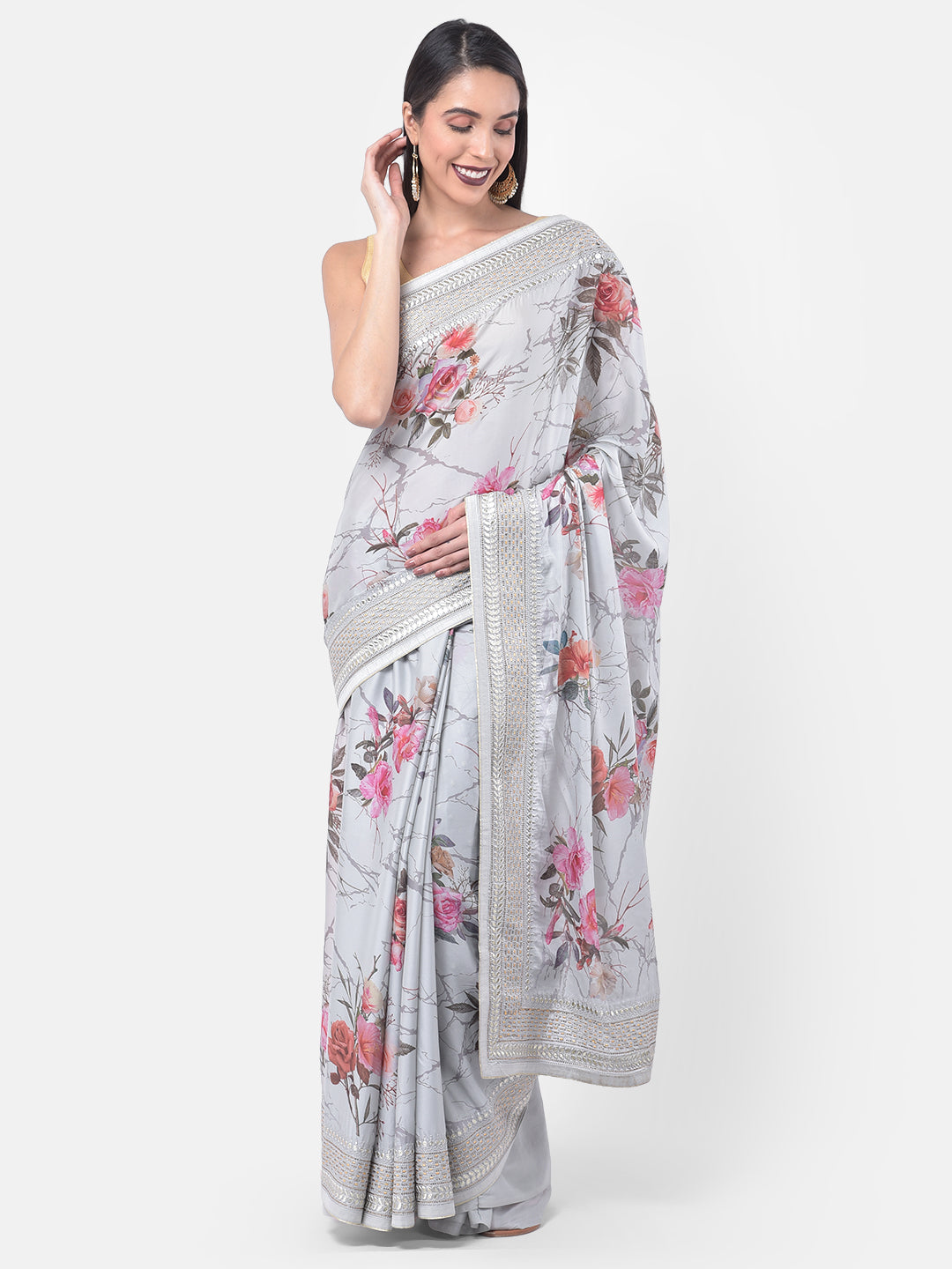 Neeru's Grey Color Crepe Fabric Saree
