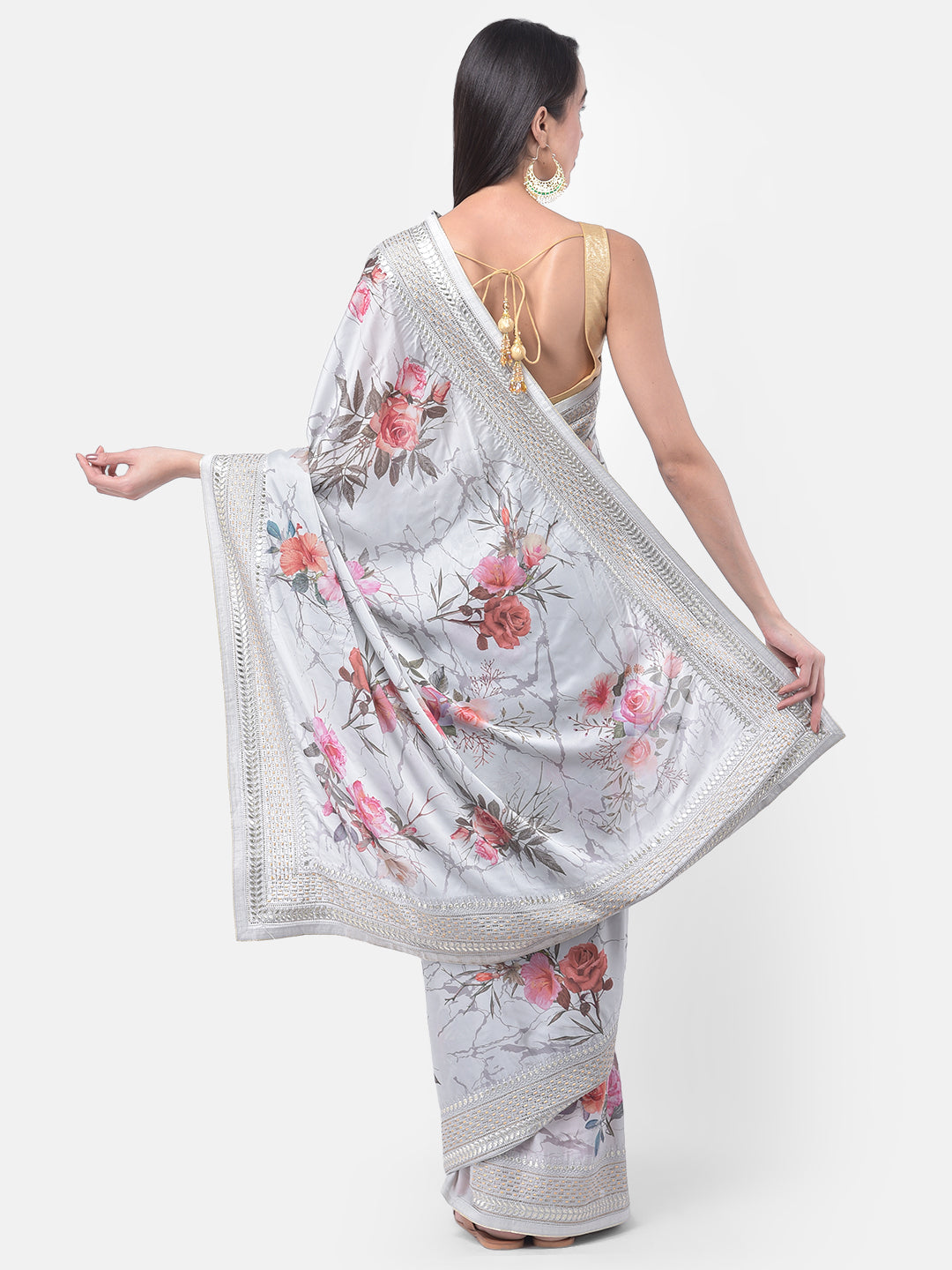 Neerus Grey Color Crepe Fabric Saree