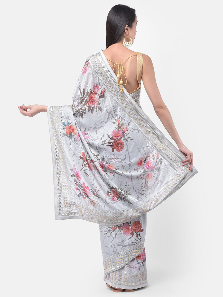 Neerus Grey Color Crepe Fabric Saree
