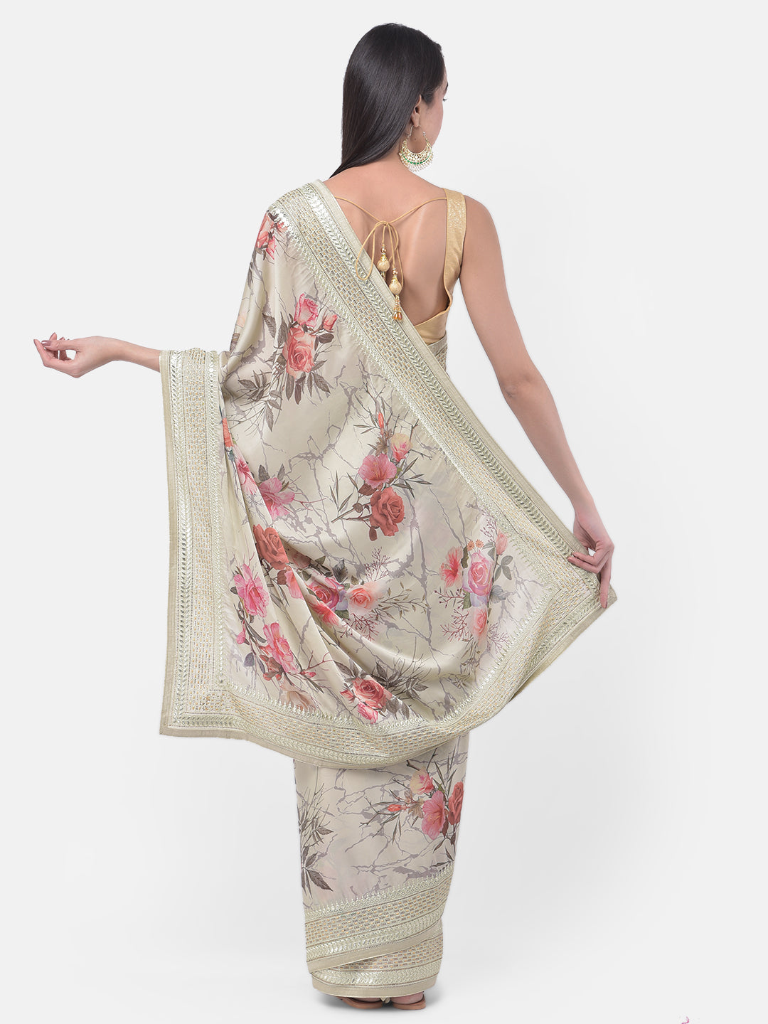 Neerus Green crepe solid saree - back view