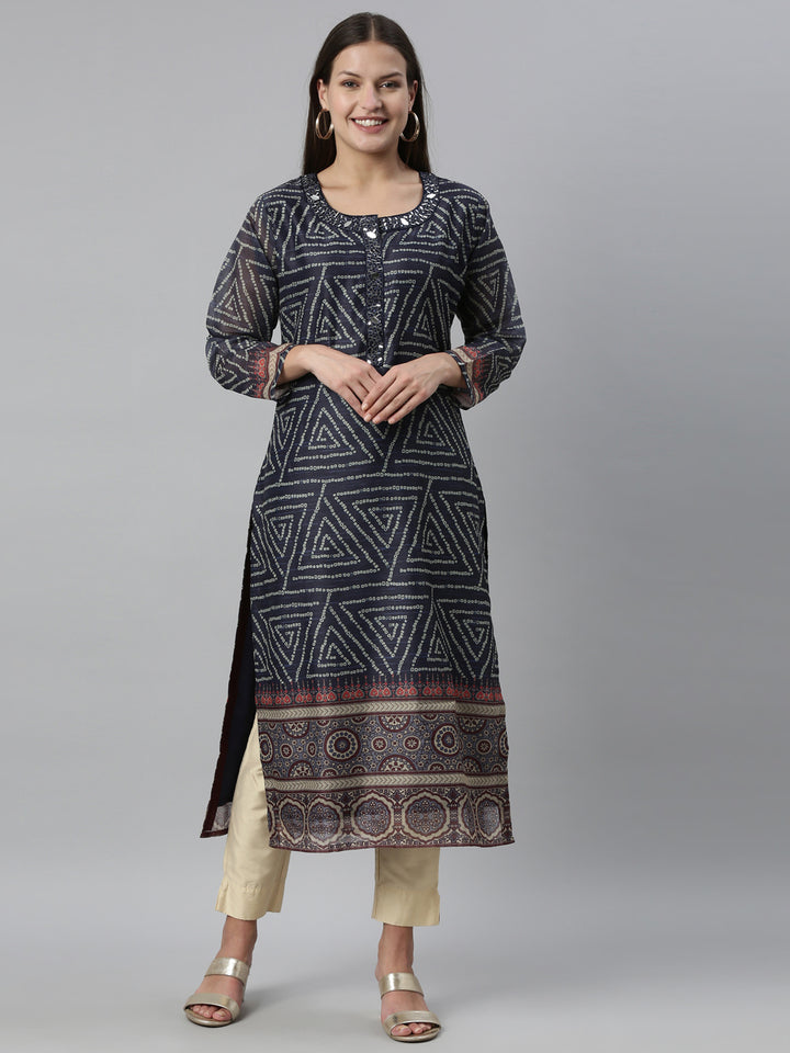 Neerus Blue Color Silk Fabric Kurta