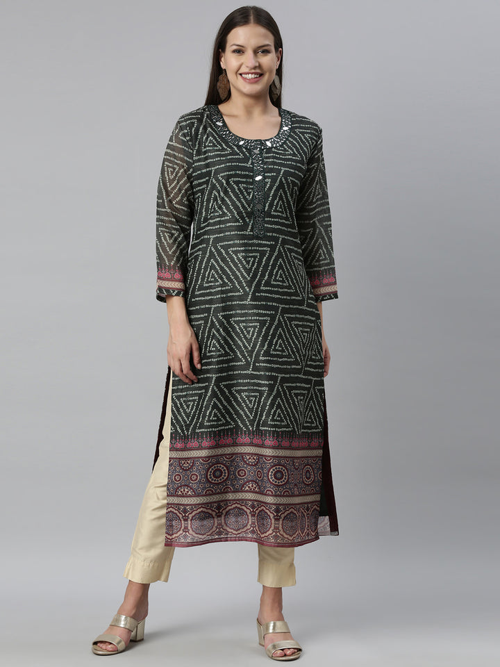 Neerus Green silk bandhani printed A-line kurti - detail view 6