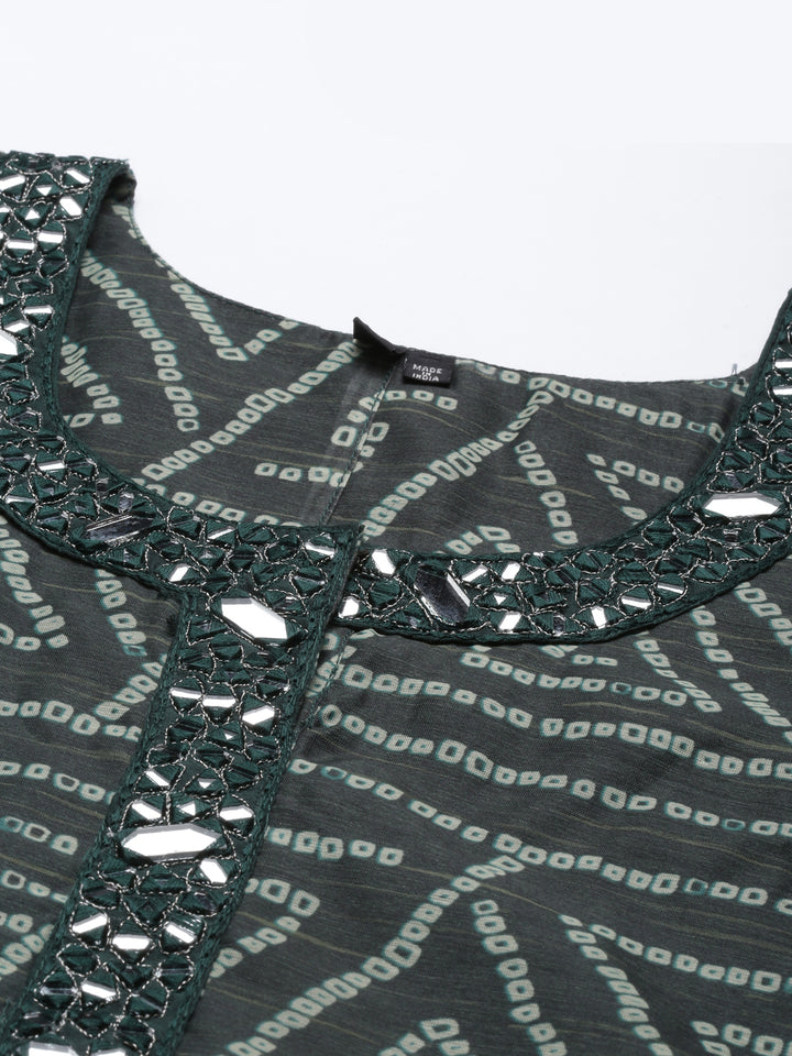 Neerus Green silk bandhani printed A-line kurti - back view