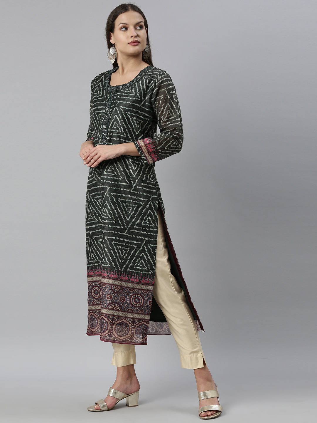 Neerus Green silk bandhani printed A-line kurti - side view