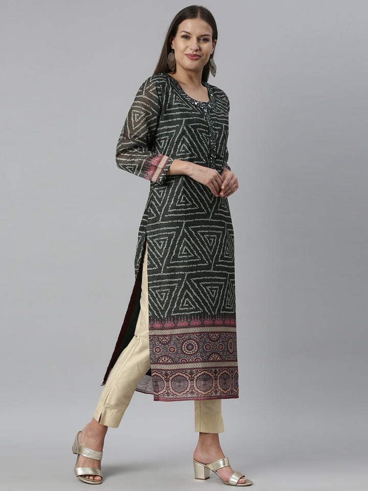 Neerus Green silk bandhani printed A-line kurti - detail view 1