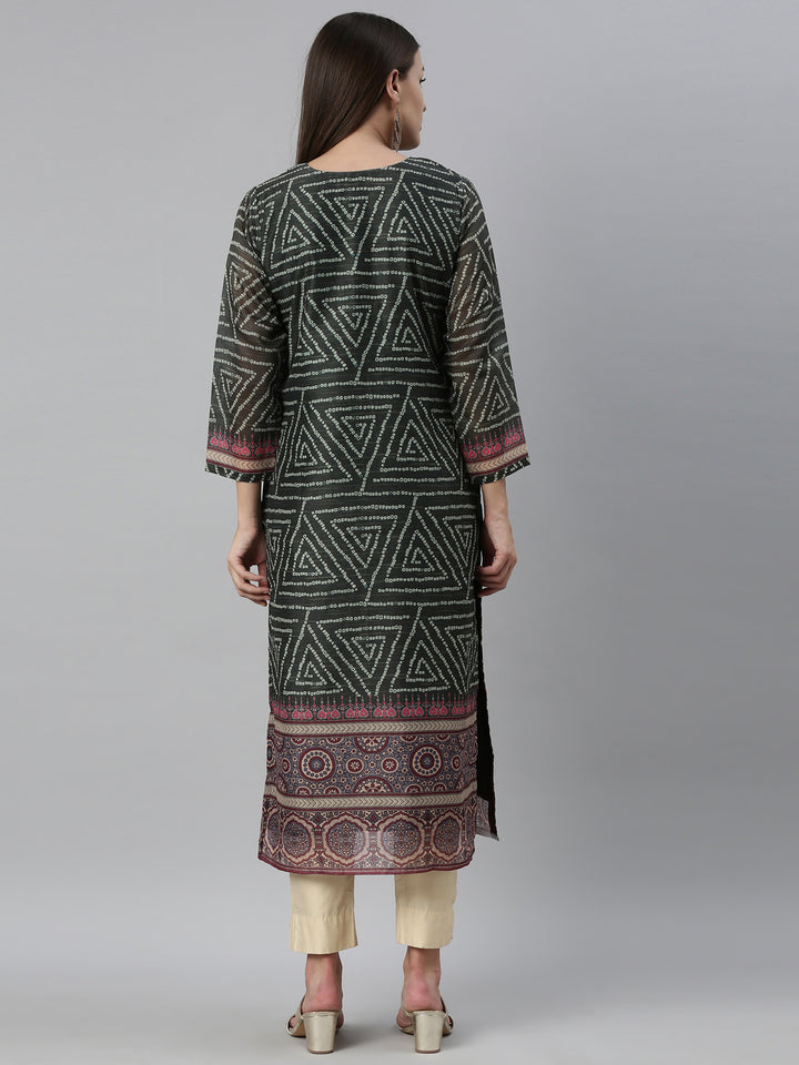 Neerus Green silk bandhani printed A-line kurti - detail view 2
