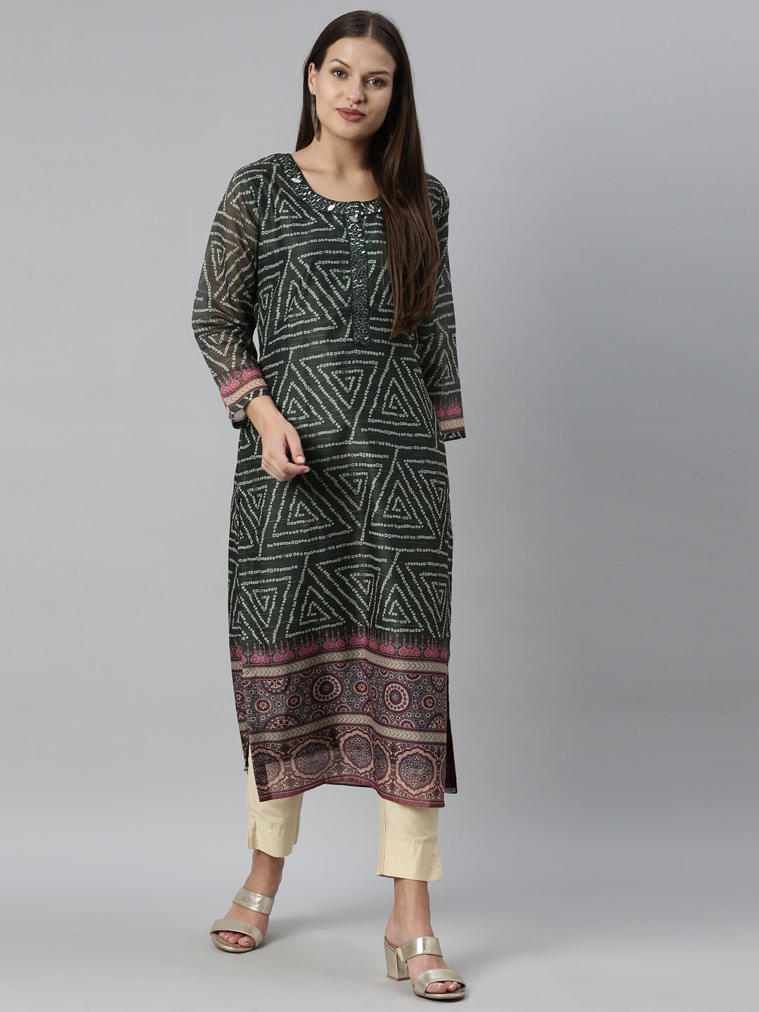 Neerus Green silk bandhani printed A-line kurti - detail view 3