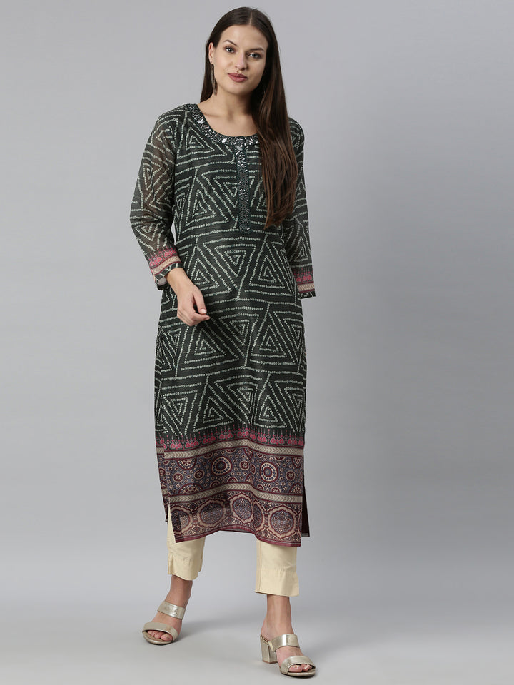 Neerus Green silk bandhani printed A-line kurti - detail view 3