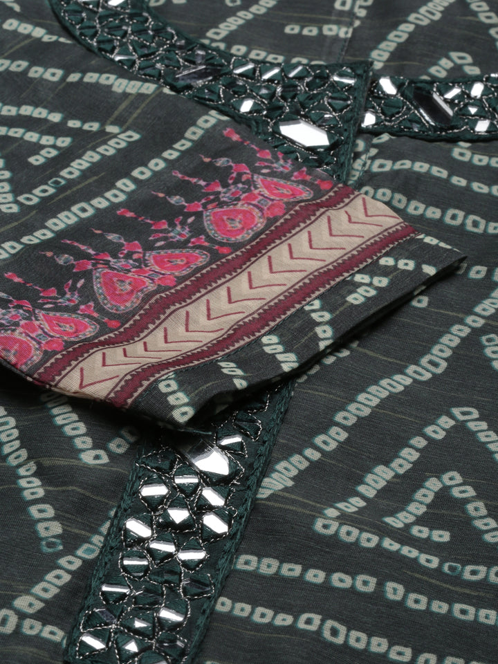 Neerus Green silk bandhani printed A-line kurti - detail view 4