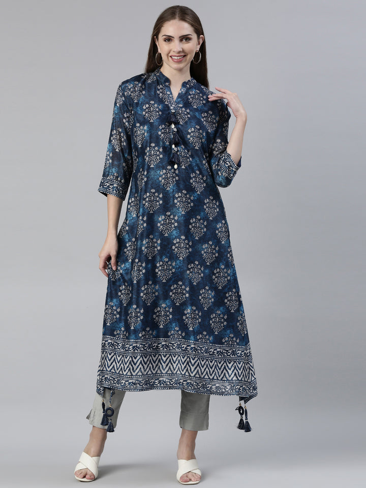 Neerus Blue crepe printed A-line kurti - front view