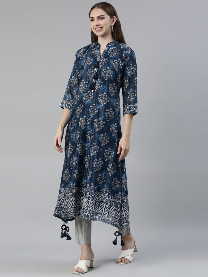 Neerus Blue crepe printed A-line kurti - back view