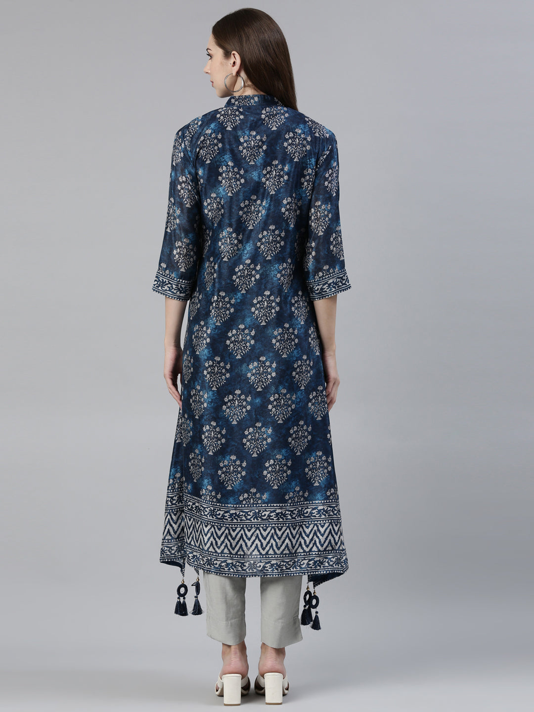 Neerus Blue crepe printed A-line kurti - side view