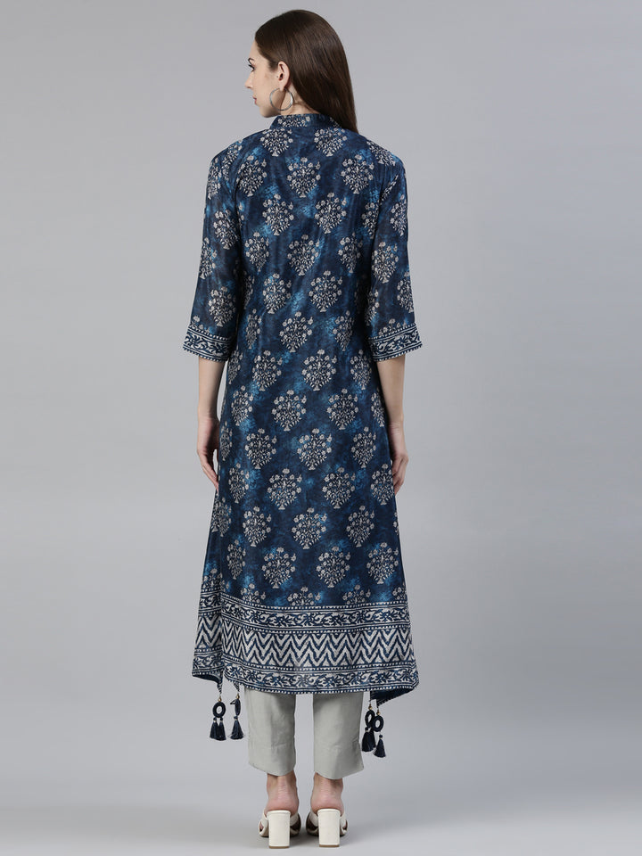 Neerus Blue crepe printed A-line kurti - side view