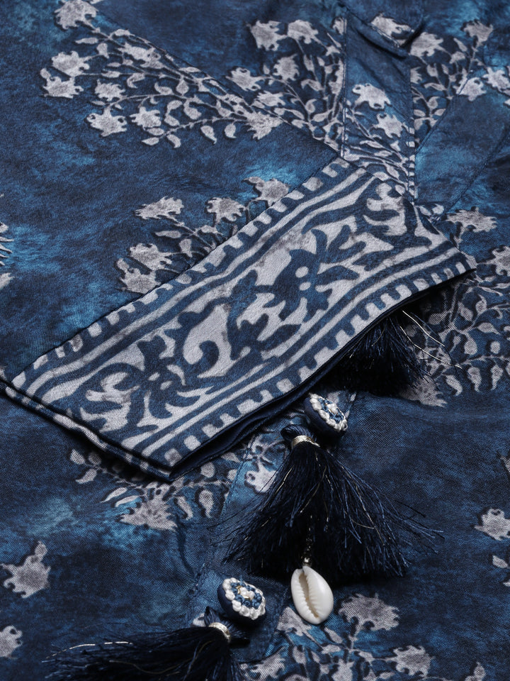 Neerus Blue crepe printed A-line kurti - detail view 2