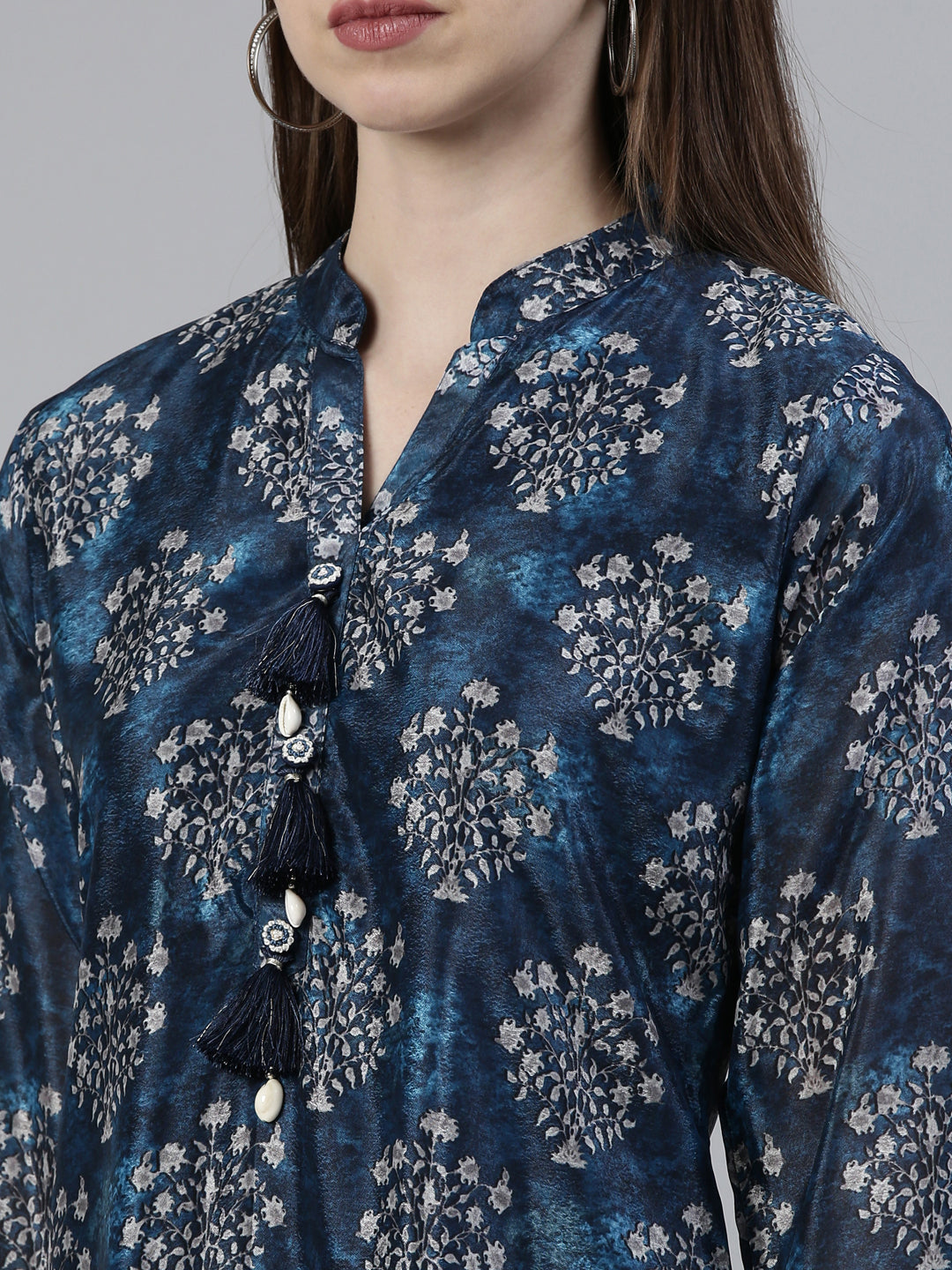 Neerus Blue crepe printed A-line kurti - detail view 1