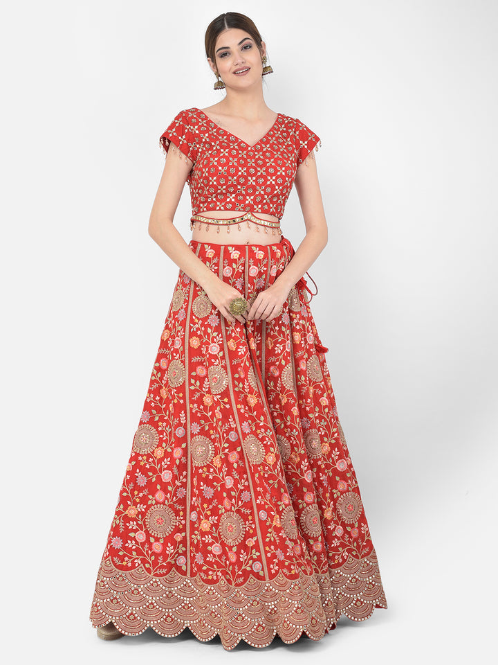 Neerus Red organza mirror work lehenga choli - front view