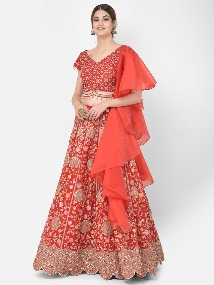 Neerus Red organza mirror work lehenga choli - detail view 5
