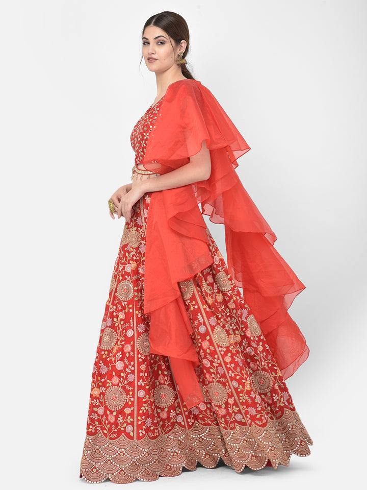 Neerus Red organza mirror work lehenga choli - back view