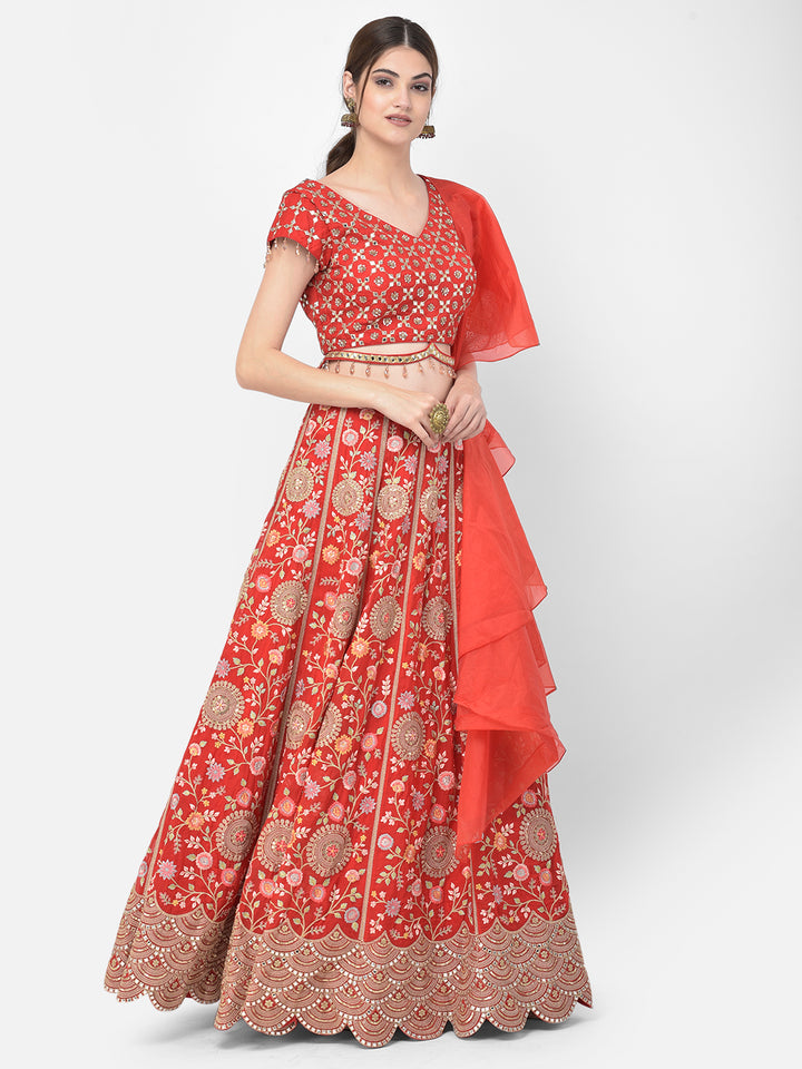 Neerus Red organza mirror work lehenga choli - side view