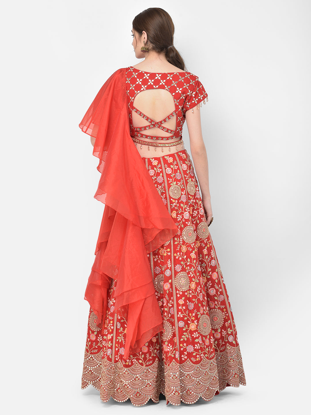 Neerus Red organza mirror work lehenga choli - detail view 1