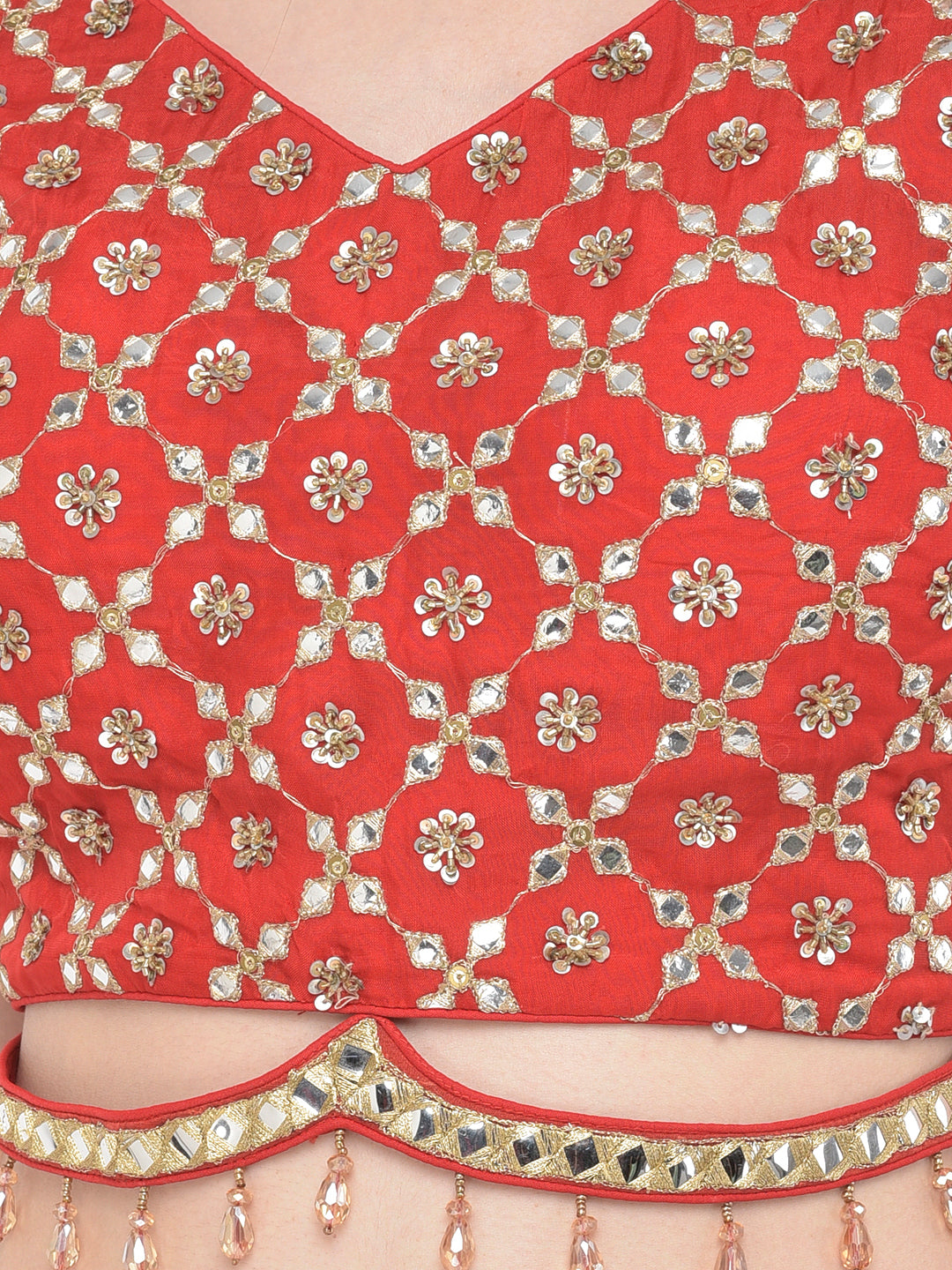 Neerus Red organza mirror work lehenga choli - detail view 4