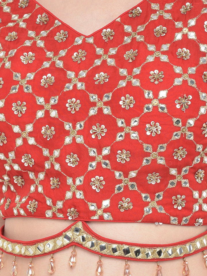 Neerus Red organza mirror work lehenga choli - detail view 4