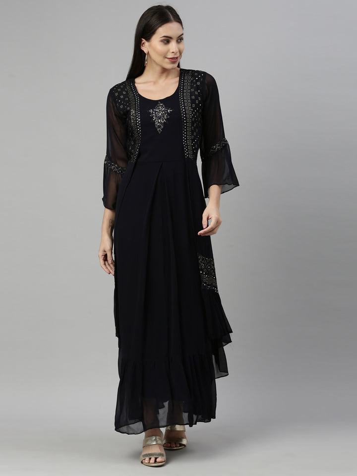 Neerus Black Color Georgette Fabric Kurta