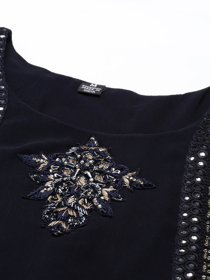 Neerus Black Color Georgette Fabric Kurta