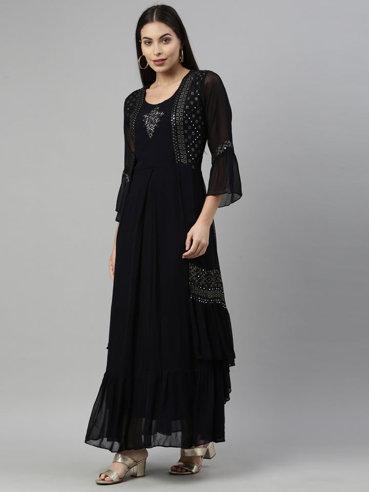 Neerus Black Color Georgette Fabric Kurta