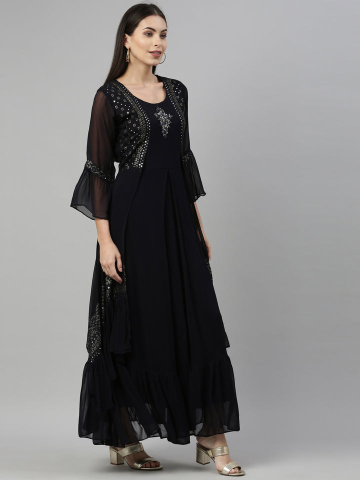 Neerus Black Color Georgette Fabric Kurta