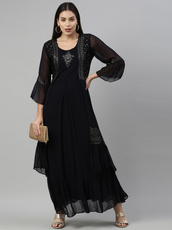 Neerus Black Color Georgette Fabric Kurta