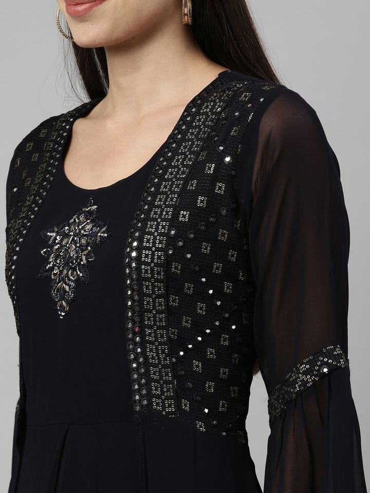 Neerus Black Color Georgette Fabric Kurta